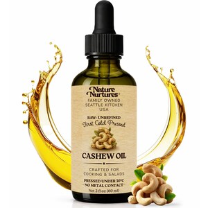 Raw unrefined cashew oil, first cold pressed under 30°C using a non metal or wood contact method that helps preserve the oil’s natural structure. Made from cashew nuts sourced from suppliers following organic, non GMO and kosher standards, small batch crafted in the United States for cooking and salads. Poured into a glass bottle, 2 fl oz (60 ml).