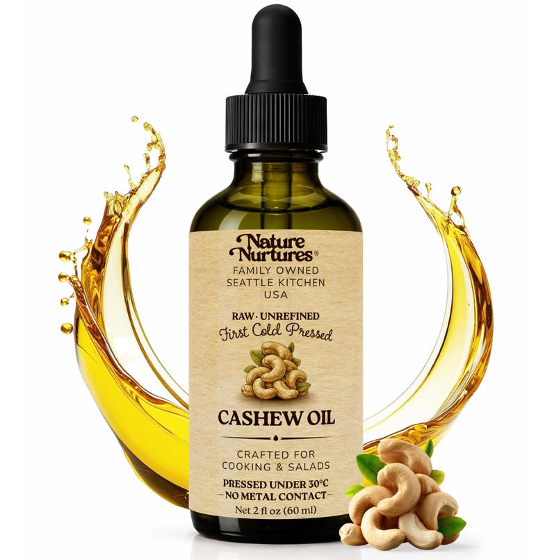 Raw unrefined cashew oil, first cold pressed under 30°C using a non metal or wood contact method that helps preserve the oil’s natural structure. Made from cashew nuts sourced from suppliers following organic, non GMO and kosher standards, small batch crafted in the United States for cooking and salads. Poured into a glass bottle, 2 fl oz (60 ml).