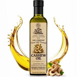 Raw unrefined cashew oil, first cold pressed under 30°C using a non metal or wood contact method that helps preserve the oil’s natural structure. Made from cashew nuts sourced from suppliers following organic, non GMO and kosher standards, small batch crafted in the United States for cooking and salads. Poured into a glass bottle, 16.9 fl oz (500 ml).