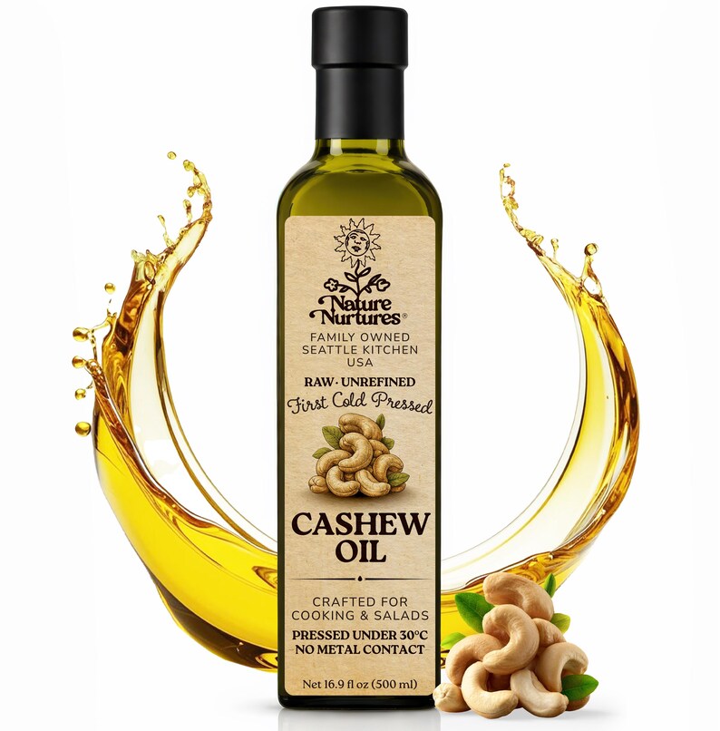 Raw unrefined cashew oil, first cold pressed under 30°C using a non metal or wood contact method that helps preserve the oil’s natural structure. Made from cashew nuts sourced from suppliers following organic, non GMO and kosher standards, small batch crafted in the United States for cooking and salads. Poured into a glass bottle, 16.9 fl oz (500 ml).