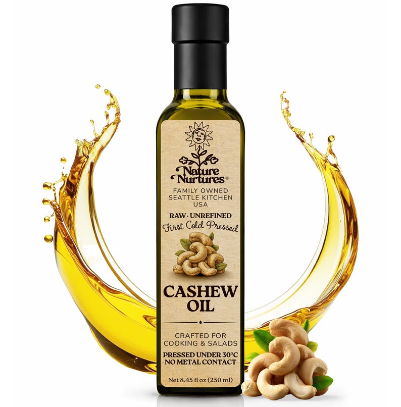 Raw unrefined cashew oil, first cold pressed under 30°C using a non metal or wood contact method that helps preserve the oil’s natural structure. Made from cashew nuts sourced from suppliers following organic, non GMO and kosher standards, small batch crafted in the United States for cooking and salads. Poured into a glass bottle, 8.45 fl oz (250 ml).
