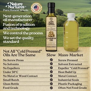 Not all cold pressed oils are the same. Nature Nurtures is a next generation oil manufacturer in the USA, built on a fusion of tradition and technology, where we control the process and set the quality standard. No screw press, no solvents, no expellers, no heat, no metal or wood contact, just a slow, small batch process kept under 30°C, preserving what others destroy and keeping the oil clean and truly food grade.