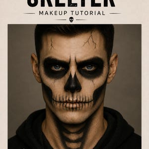 May include: A makeup tutorial titled SKELTER featuring a face painted with a black skull design. The look includes dark eye sockets, a shaded nose, vertical lip lines, and cracked forehead details, with a skeletal neck pattern on a black hoodie.