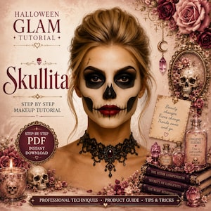 Könnte beinhalten: Ein digitaler Halloween Glam Tutorial Leitfaden mit dem Titel Skullita, der eine Person mit detailliertem Totenkopf-Make-up, dunklen Augen und roten Lippen zeigt. Das Bild enthält Text, ein schwarzes Spitzenhalsband, einen Totenkopf und Bücher.