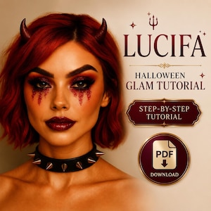Könnte beinhalten: Ein digitaler Leitfaden mit dem Titel LUCIFA HALLOWEEN GLAM TUTORIAL, der eine Person mit rotem Haar, kleinen dunklen Hörnern und glitzerndem rotem Make-up zeigt. Das Bild enthält einen STEP-BY-STEP TUTORIAL-Button und ein PDF DOWNLOAD-Symbol.