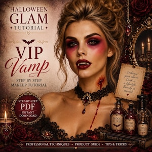 Op de afbeelding: Een digitale make-up tutorial getiteld Halloween Glam Tutorial VIP Vamp met een persoon met donkerrode oogschaduw, hoektanden en een wond in de nek. Inclusief tekst, een zwarte kanten choker met een rode edelsteen en flesjes met elixer.