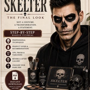 Puede incluir: Una guía tutorial digital titulada SKELTER que muestra a una persona con maquillaje de calavera, sudadera negra, porta brochas, suero, paleta de seis sombras de ojos, un libro y una figura de calavera. El texto incluye HALLOWEEN GLAM TUTORIAL.