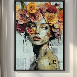 May include: A framed wall art print featuring a collage-style portrait of a person adorned with a large crown of yellow, orange and red roses. The image incorporates layers of vintage newspaper text and typography over the skin and hair.