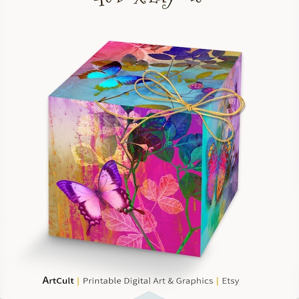 Printable ENCHANTED BUTTERFLIES Gift Box Layout, instant digital download, DIY Wedding Favor Box, Birthday, Party, Surprise gifts. ArtCult