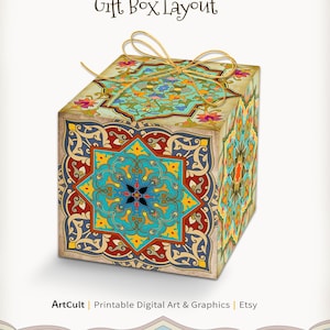 Disposition imprimable de la boîte cadeau de style Boho marocain, téléchargement numérique instantané, boîte de faveur de mariage DIY, anniversaire, fête, cadeaux surprise. Par ArtCult.