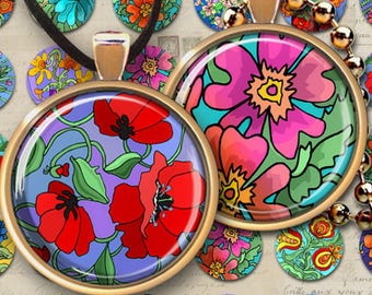 Flower Garden 1" + 1.5" Printable Circle Images for Pendants, Magnets, Craft (Digital Download)