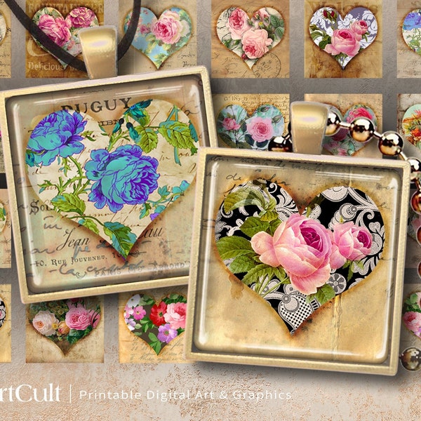 Printable square images HEARTBEAT OF FLOWERS 1x1 inch (25mm) and 1.5x1.5 inch size Digital Collage Sheets for pendants, magnets, bezel trays