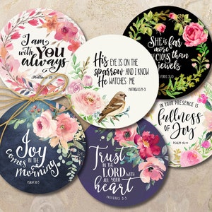 Floral Bible Verse Circles, 2.5 & 2 Inch Scripture Stickers PNG JPG (Digital Download)