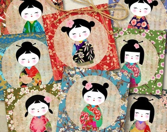 May include: Eight printable digital images of Japanese dolls with different colorful patterned kimonos and floral backgrounds. The dolls have black hair and eyes and are wearing traditional Japanese hairstyles.
