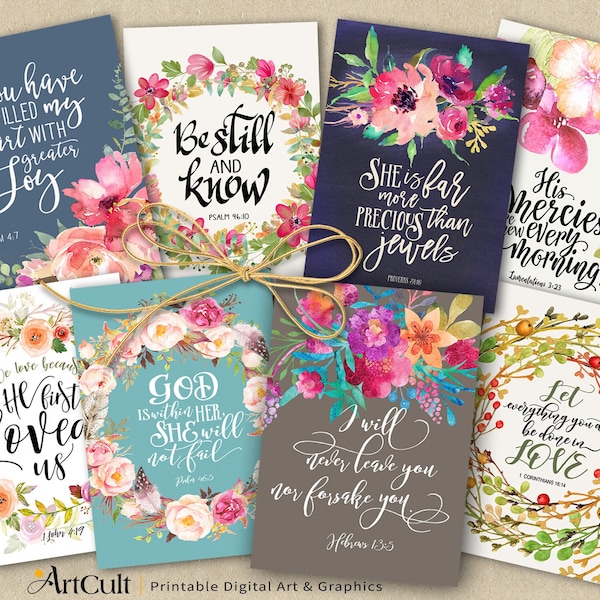 Printable BIBLE VERSES TAGS Scripture Art, Eight 2.5"x3.5" size Cards, digital collage sheets, instant download, Set No.5, ArtCult designs