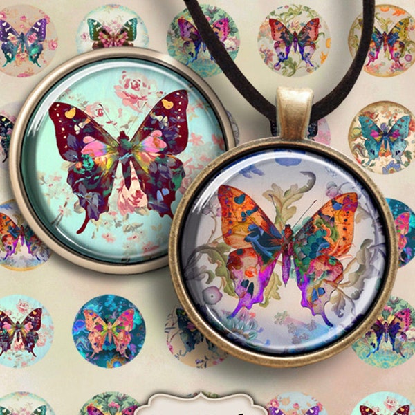Shabby Chic Butterfly Circle Images, Pendants, Magnets (Digital Download)