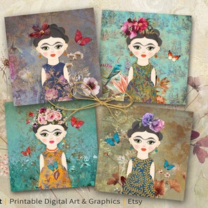 4x4 pouces Imprimable Digital Download PNG + JPG format pour Coasters, Sublimation, Decor, Magnets, Greeting Cards - Little Frida ArtCult Design