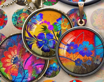 Floral Digital Collage Sheet, Colorful Pendants, Magnets (Digital Download)
