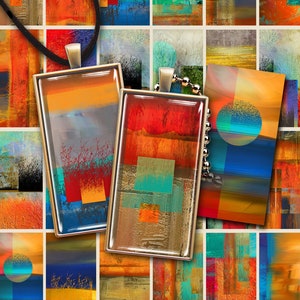 May include: Two abstract art pendants with a gold frame and a black cord. The pendants feature geometric shapes and a mix of orange, red, blue, and green colors.