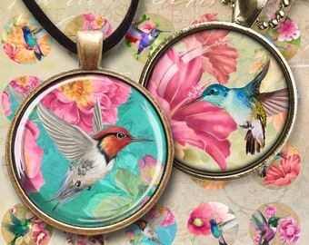 Printable 1 + 1.2 + 1.5 inch (25, 30, 38 mm) Circles HUMMINGBIRDS Digital Collage Sheet for pendants, cabochons, bottle caps, bezels trays