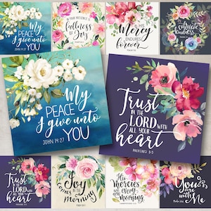 Floral Bible Verse Art, Printable 4x4 inch Coasters, Digital Download, Christian Home PNG