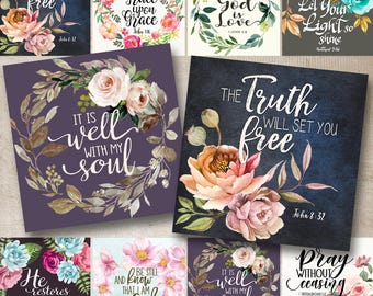 Floral Bible Verse Art Prints, 4x4" PNG Christian Quotes Coasters (Digital Download)