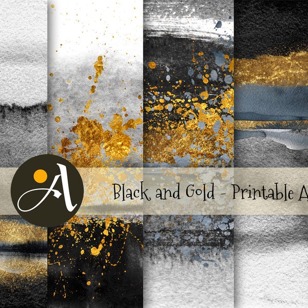 Printable papers BLACK AND GOLD Artworks, 5 large digital sheets for craft art projects, photography, scrapbooking, decoupage, journaling