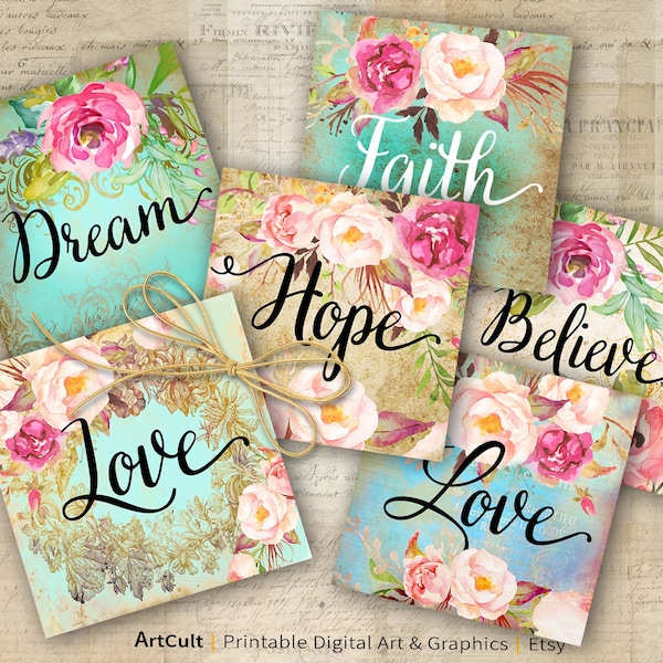 2x2 inch Printable Designs Digital Download PNG + JPEG for Magnets, Tiles, Stickers Cards Scrapbooking Journaling - LOVE Dream Hope. ArtCult