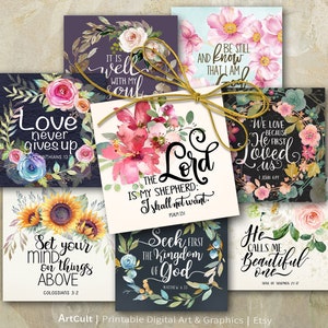 Download para impressão 2 "x2" (5 cm) Conjunto de VERSÍCULOS BÍBLICOS # 3 Folha digital JPEG + PNG para cartões comemorativos, ímãs, diário de oração, adesivos da ArtCult