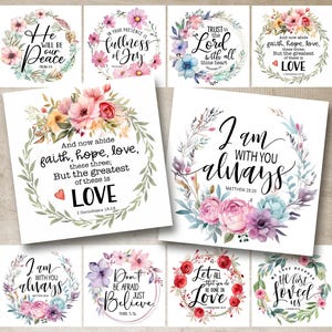 Kwiatowe wydruki z wersetami biblijnymi, sztuka chrześcijańska, podstawki 4x4 cale, inspirujące cytaty (do pobrania w wersji cyfrowej)