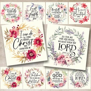 Láminas florales de versículos bíblicos, arte bíblico de 10 x 10 cm, decoración para bautizos, PNG (descarga digital)
