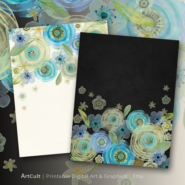Digital Download, Beautiful Pre-made Graphics for Cards, Tags Design, Paper Photo-frames, Journal Covers, Craft Projects, BLUE GREEN FLOWERS