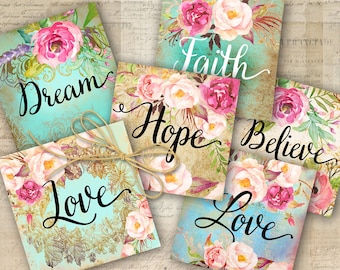 Floral LOVE Dream Hope Prints, 2x2 inch, Scrapbooking Graphics (Digital Download)