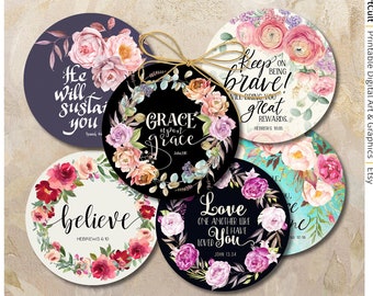 Printable 2.5 and 2 inch Circles, Bible VERSES Set #7, PNG + JPG, Digital Download for Sublimation, Key Chains, Stickers, Paper Weights etc.