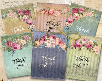 Printable THANK YOU TAGS Appreciation Cards Downloadable Digital Sheet, Victorian Shabby Chic, Vintage Style Garden Roses, ArtCult designs
