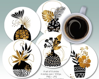 4" Printable Circle Coasters, 8 Designs, Sublimation PNG + Jpg Instant Digital Downloads for Art and Craft Projects, BLACK & GOLD - ArtCult