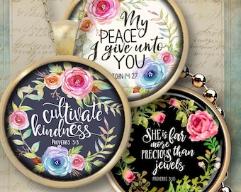Bible Verse Floral Circle Images, 1" 1.2" 1.5" Pendant Magnet Craft (Digital Download)