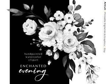 Black White PNG clipart transparent background floral designs for wedding graphics, craft, sublimation projects, instant download - ArtCult