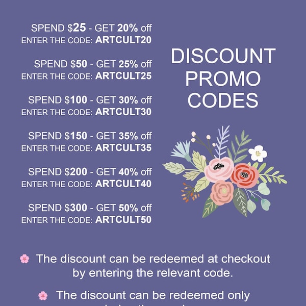 Don't add to cart this listing, just read the content below so you can choose the relevant promo code at checkout. DISCOUNT PROMO CODES