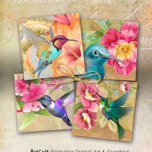 4x4 inch Printable Digital Download PNG + JPG format for Coasters, Sublimation, Decor, Magnets, Greeting Cards - Humming Birds - by ArtCult