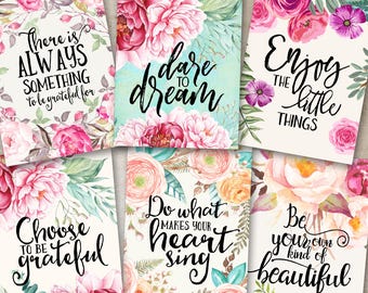 Floral Motivational Cards, Printable Greeting Designs 3.5x5" PNG + JPG (Digital Download)