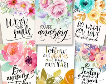 Inspiring Floral Quotes, Hand-Painted 3.5x5" Cards PNG + JPG Designs (Digital Download)
