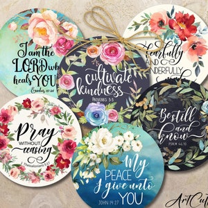 Bible Verse Floral Circles 2-2.5 inch Printable Designs, PNG Sublimation (Digital Download)