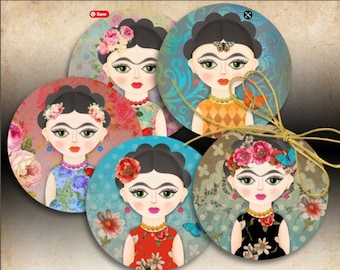 2.5 inch size circles LITTLE FRIDA Printable Digital download for Pocket Mirrors cupcake toppers Paper Weights Gift tags ArtCult designs