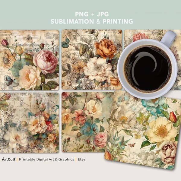 PNG Coasters for Sublimation, Digital Downloads, Eight 4” x 4” size, Printable Jpg files for art & craft, DELICATE FLORAL Square Designs.