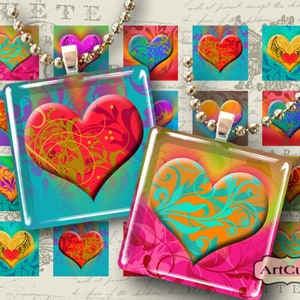 Digital Collage Sheets CURLY HEARTS 1x1 inch and 7/8x7/8 inch size Printable images for square tile pendants, magnets, bezel cab settings