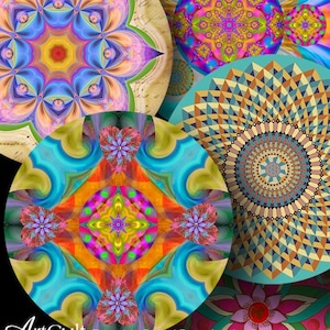 3 size circle Images Printable download VARIOUS COLORFUL MANDALAS collage sheets for pocket mirrors round coasters magnets cupcake toppers image 1