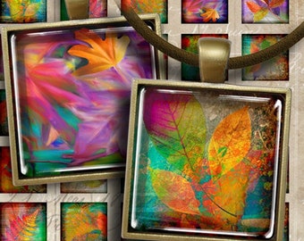 Kvadratiska bilder av lövverk, digitalt collage med hänge och magnet (digital nedladdning)