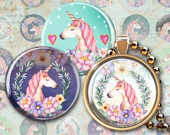 Printable 1 + 1.2 + 1.5 inch (25, 30, 38 mm) UNICORN images digital download, circle images for round pendants, cabochon bezel trays ArtCult