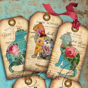 Afdrukbare cadeaukaartjes SHABBY CHIC CATS Digitale download, vintage stijl ontwerpen Zes 2,3 x 4,5" ontwerpen voor knutselprojecten, wenskaarten ArtCult